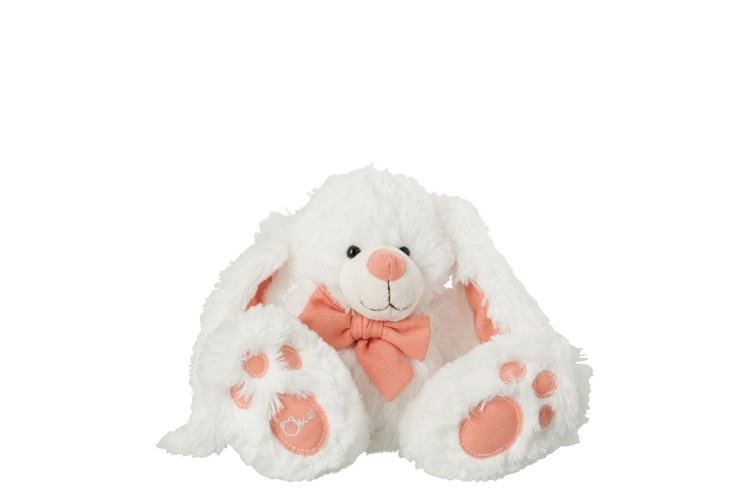 Peluche Lapin Assis Blanc, Noeud Corail 28x15x20cm