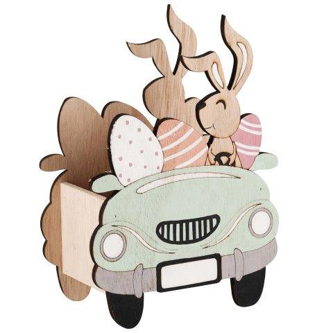 Panier de Pâques Voiture avec Lapin en Bois 13x7x19cm