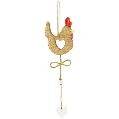 Pendentif Poule en Bois Naturel et Rouge 10x8cm