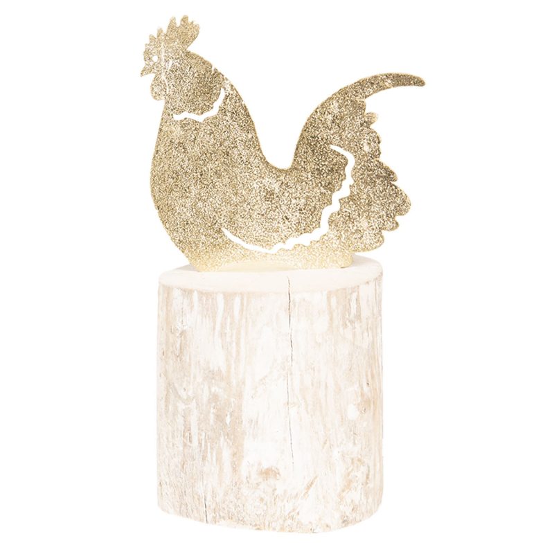 Coq en Métal Doré et Blanc sur Rondin de Bois 10x7x17cm