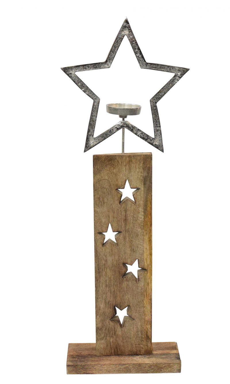 Bougeoir Etoile en Alu sur Socle en Manguier Naturel Etoilé 85x28x13cm