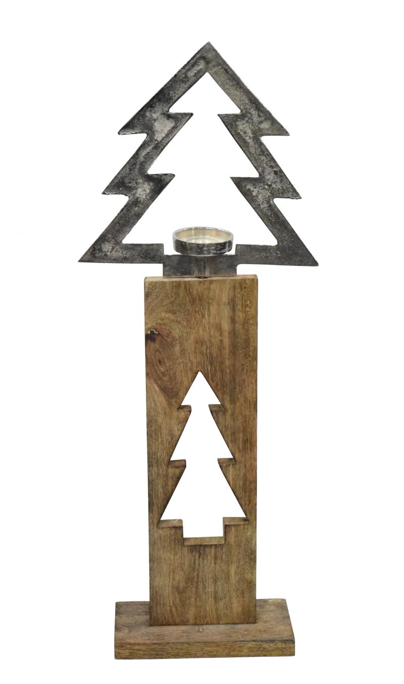 Bougeoir Sapin en Alu sur Socle en Manguier Naturel 64x25x13cm
