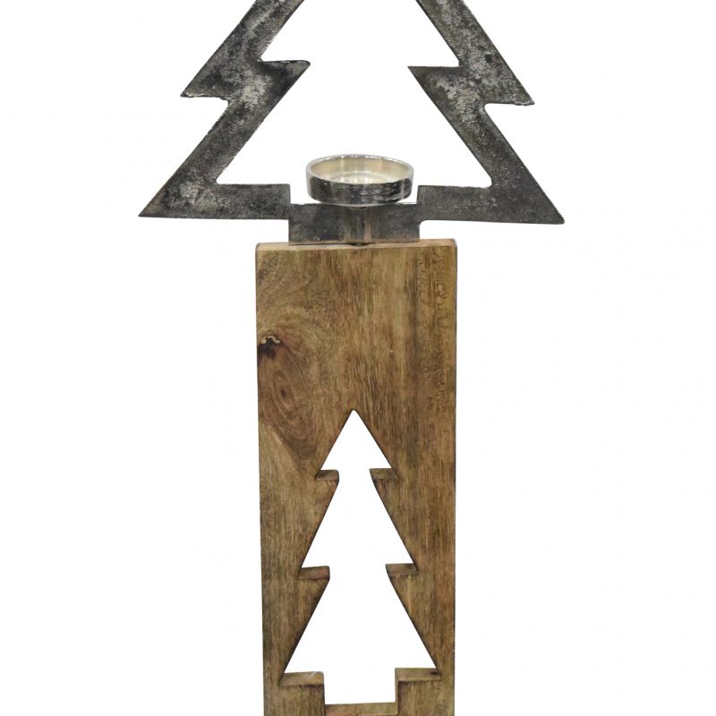 Bougeoir Sapin en Alu sur Socle en Manguier Naturel 64x25x13cm