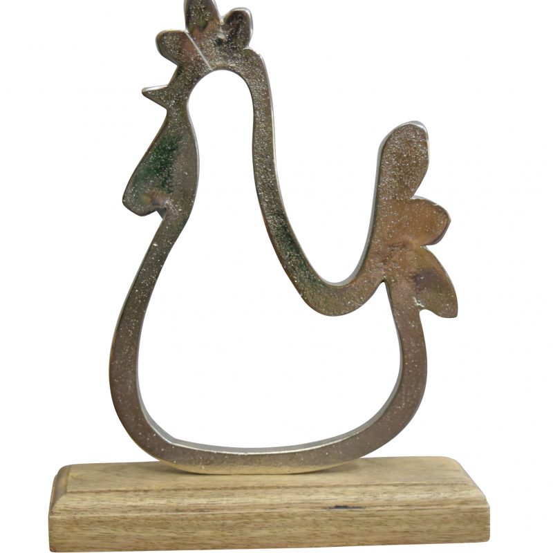 Poule en Alu Argenté sur Socle en Manguier 19x5x22cm