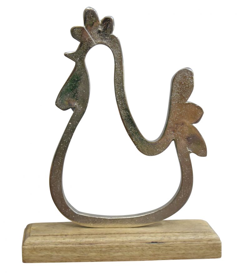 Poule en Alu Argenté sur Socle en Manguier 19x5x22cm