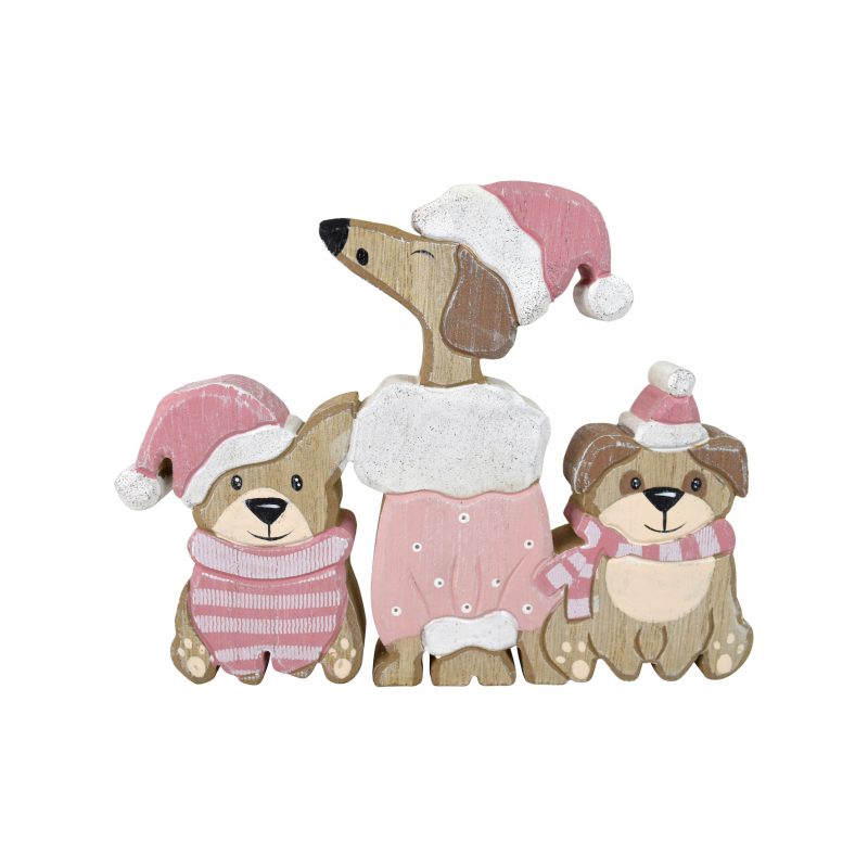 Trio de Chiens de Noël en MDF Rose et Blanc 2x18x14cm