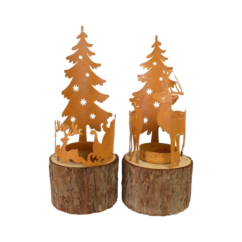 Bougeoir "Ruskea" Décor d'Hiver en Bois et Métal Rouillé 2 Modèles au Choix 8x9x23cm