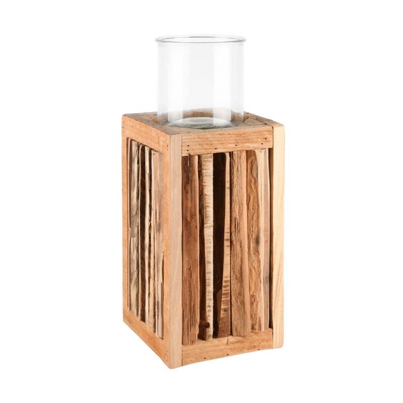 Bougeoir en Verre sur Socle en Bois Naturel 16x16x41cm