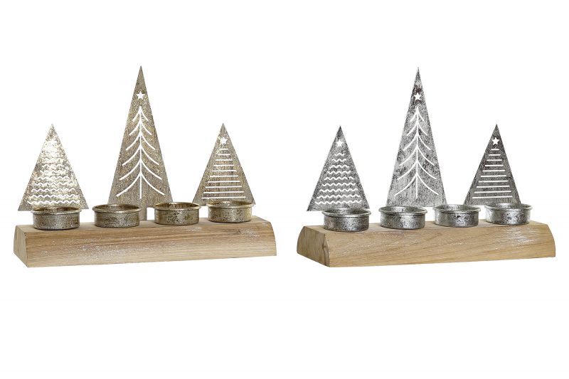 Bougeoir 4 Bougies Sapins en Métal sur Socle en Bois 2 Couleurs au Choix 23x8x17cm – Image 2