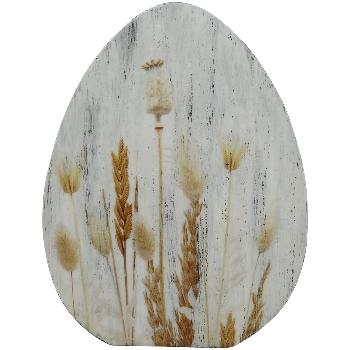 Oeuf en Bois Ivoire Décor Herbes Florales 16,5x13x1,8cm