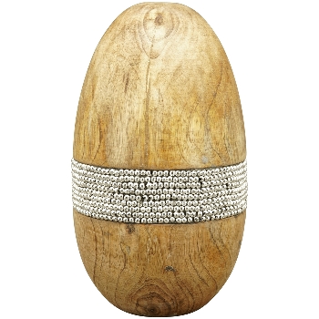 Oeuf "Puri" en Bois Naturel et Perles Argentées 12x12x21cm