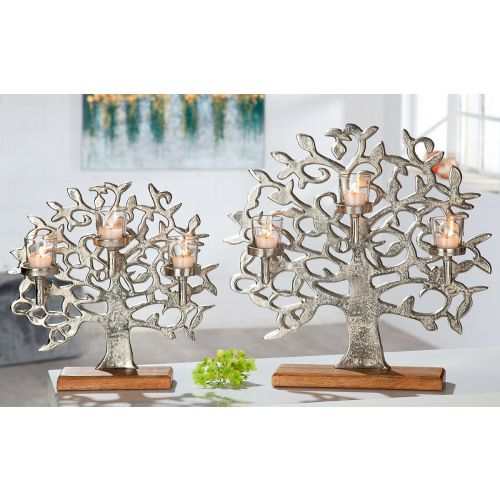 Bougeoir "Arbre de Vie" en Alu sur Socle en Bois 11x46x49cm