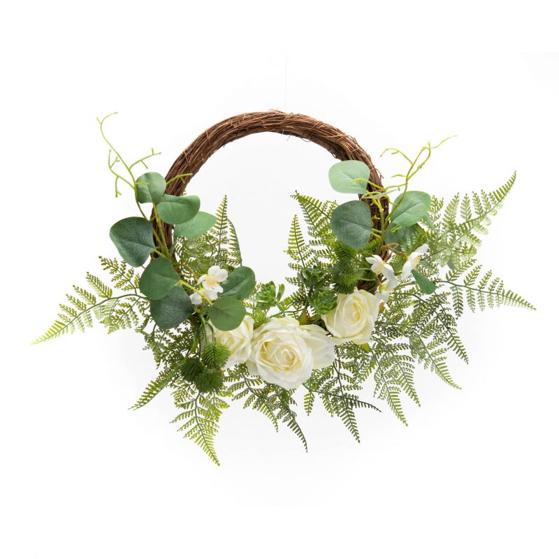 Couronne d'Eucalyptus, Fougères et Roses Blanches Artificiels D.50cm