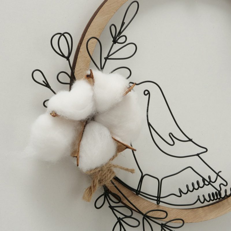 Couronne en Bois "Rumba" à Suspendre avec Fleur de Coton et Oiseau en Métal 2 Modèles au Choix 23xH.19cm – Image 2