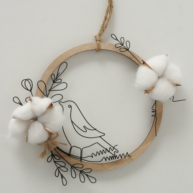 Couronne en Bois "Rumba" à Suspendre avec Fleur de Coton et Oiseau en Métal 2 Modèles au Choix 23xH.19cm – Image 6