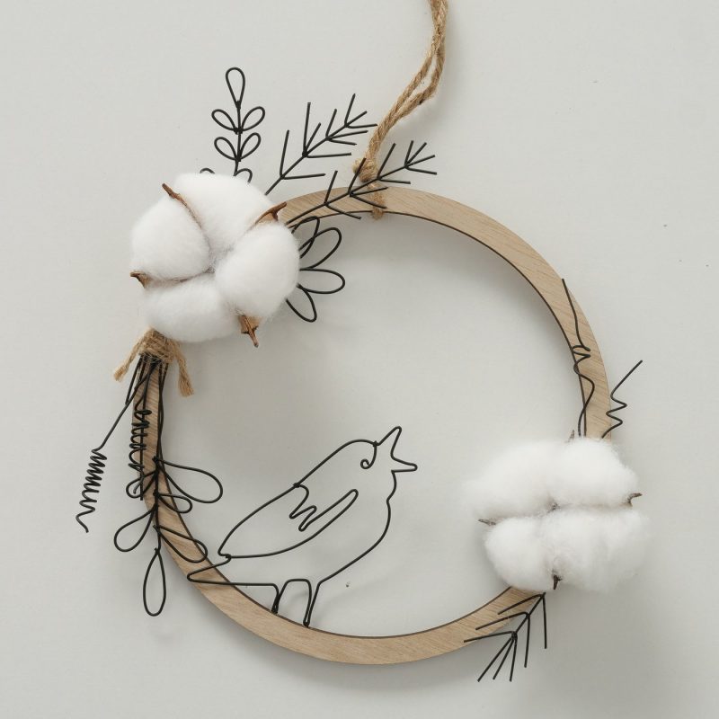 Couronne en Bois "Rumba" à Suspendre avec Fleur de Coton et Oiseau en Métal 2 Modèles au Choix 23xH.19cm – Image 5