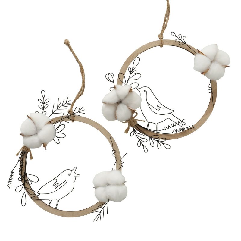 Couronne en Bois "Rumba" à Suspendre avec Fleur de Coton et Oiseau en Métal 2 Modèles au Choix 23xH.19cm