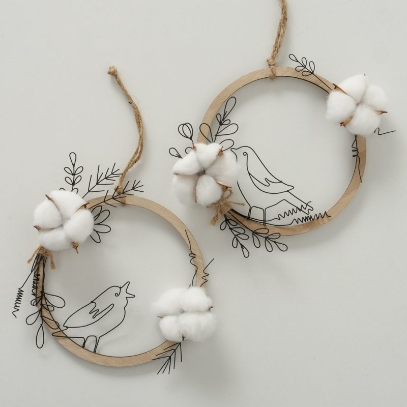 Couronne en Bois "Rumba" à Suspendre avec Fleur de Coton et Oiseau en Métal 2 Modèles au Choix 23xH.19cm – Image 4