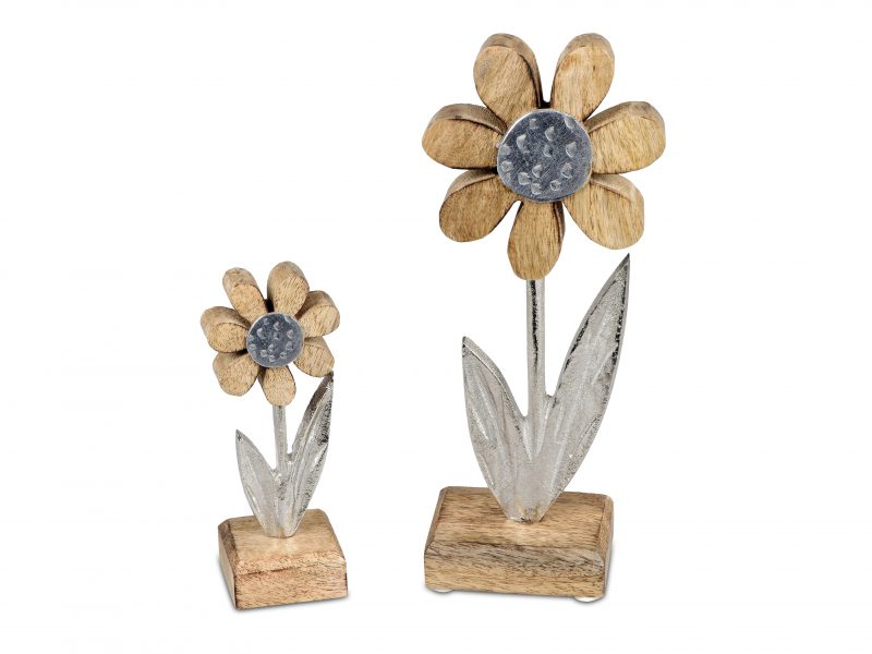 Fleur en Bois de Manguier et Alu sur Socle H.15cm