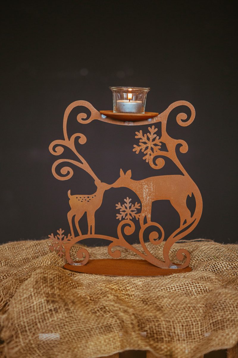 Bougeoir aux Biches en Métal Rouillé et Verre 24x26cm