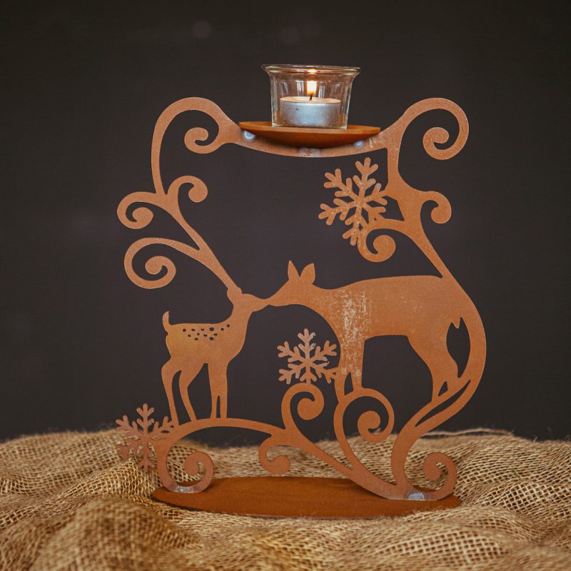 Bougeoir aux Biches en Métal Rouillé et Verre 24x26cm