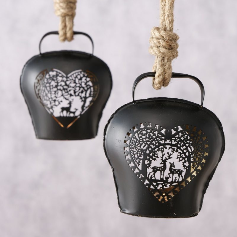 Lanterne Elgo Cloche en Métal Enduit Noir Décor Coeur Forestier 2 Modèles au Choix H.15cm