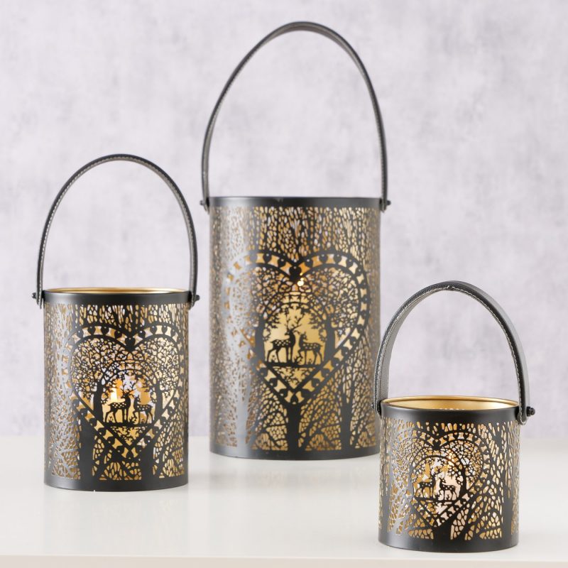 Lanterne Forlo en Métal Noir et Or, Anse en Cuir Décor Coeur Forestier H.30cm – Image 5