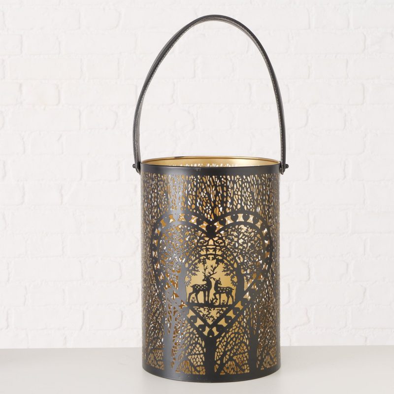 Lanterne Forlo en Métal Noir et Or, Anse en Cuir Décor Coeur Forestier H.30cm