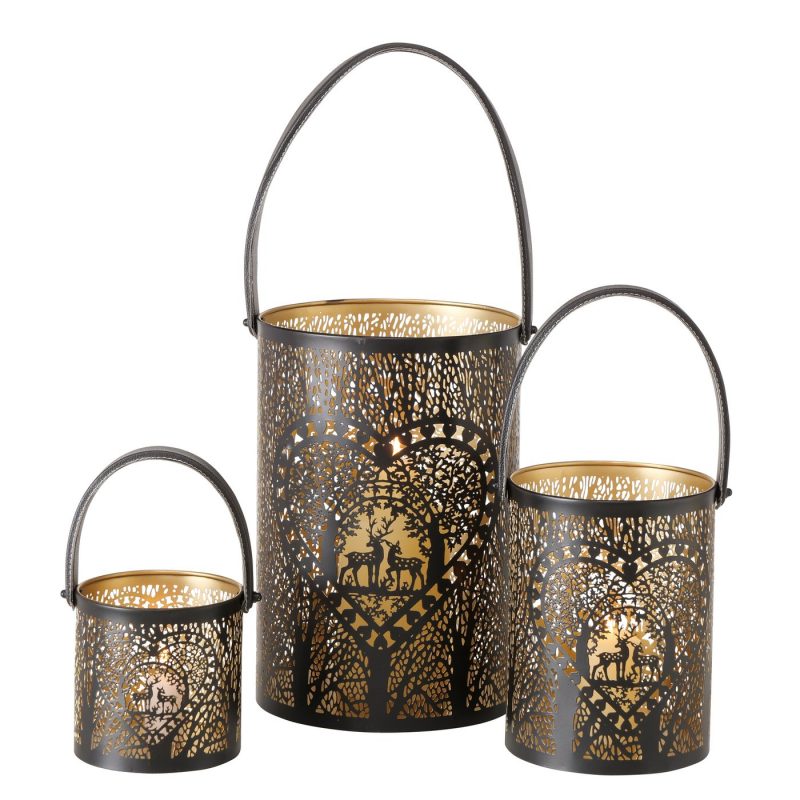 Lanterne Forlo en Métal Noir et Or, Anse en Cuir Décor Coeur Forestier H.30cm – Image 3