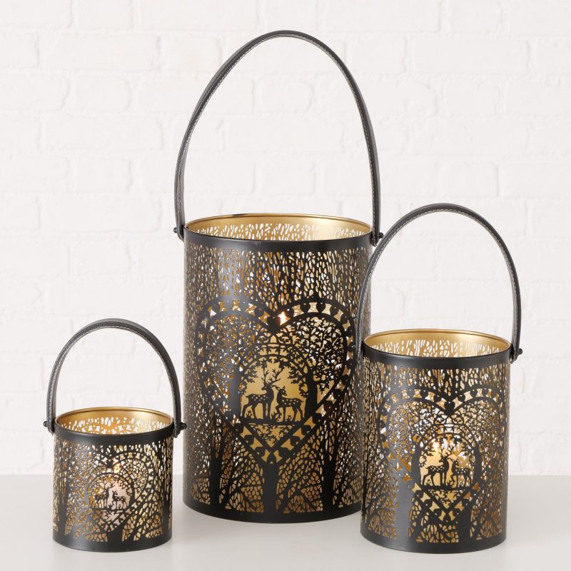 Lanterne Forlo en Métal Noir et Or, Anse en Cuir Décor Coeur Forestier H.30cm – Image 2