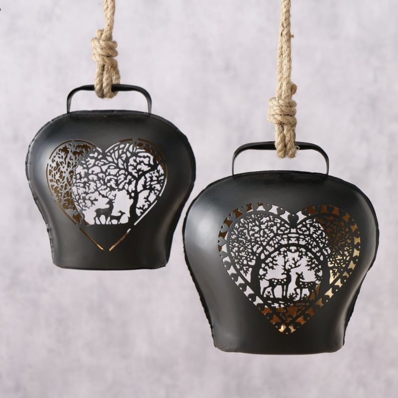 Lanterne Elgo Cloche en Métal Enduit Noir Décor Coeur Forestier 2 Modèles au Choix H.23cm