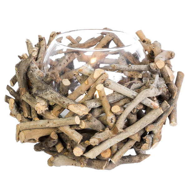 Pot Rond en Bois Flotté et Verre avec Véritable Fleur de Noël Rouge ou Blanche 22xH.17cm