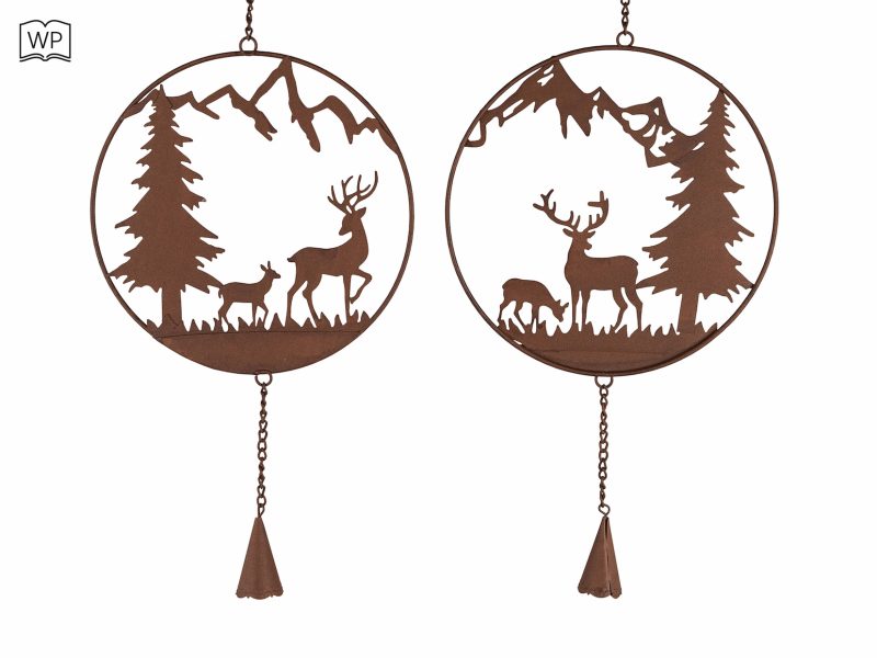 Pendentif Cercle en Métal Rouillé avec Clochette Décor Hivernal 2 Modèles au Choix 32cm