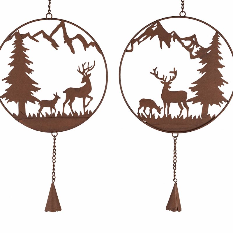 Pendentif Cercle en Métal Rouillé avec Clochette Décor Hivernal 2 Modèles au Choix 32cm