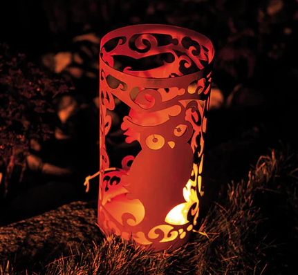 Lanterne Décor Hibou Ajouré en Métal Rouillé Diam.24xH.43cm