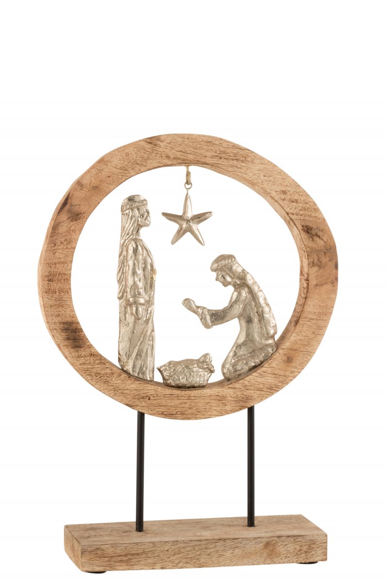 Crèche en Alu Argenté dans Cercle en Bois de Manguier Naturel 32,5x10x45cm