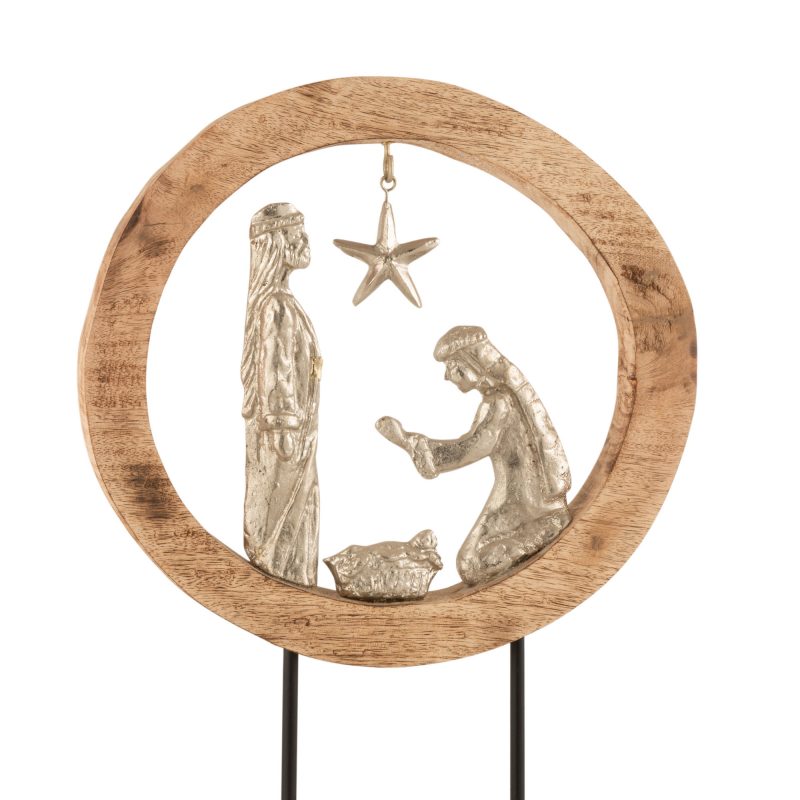 Crèche en Alu Argenté dans Cercle en Bois de Manguier Naturel 32,5x10x45cm