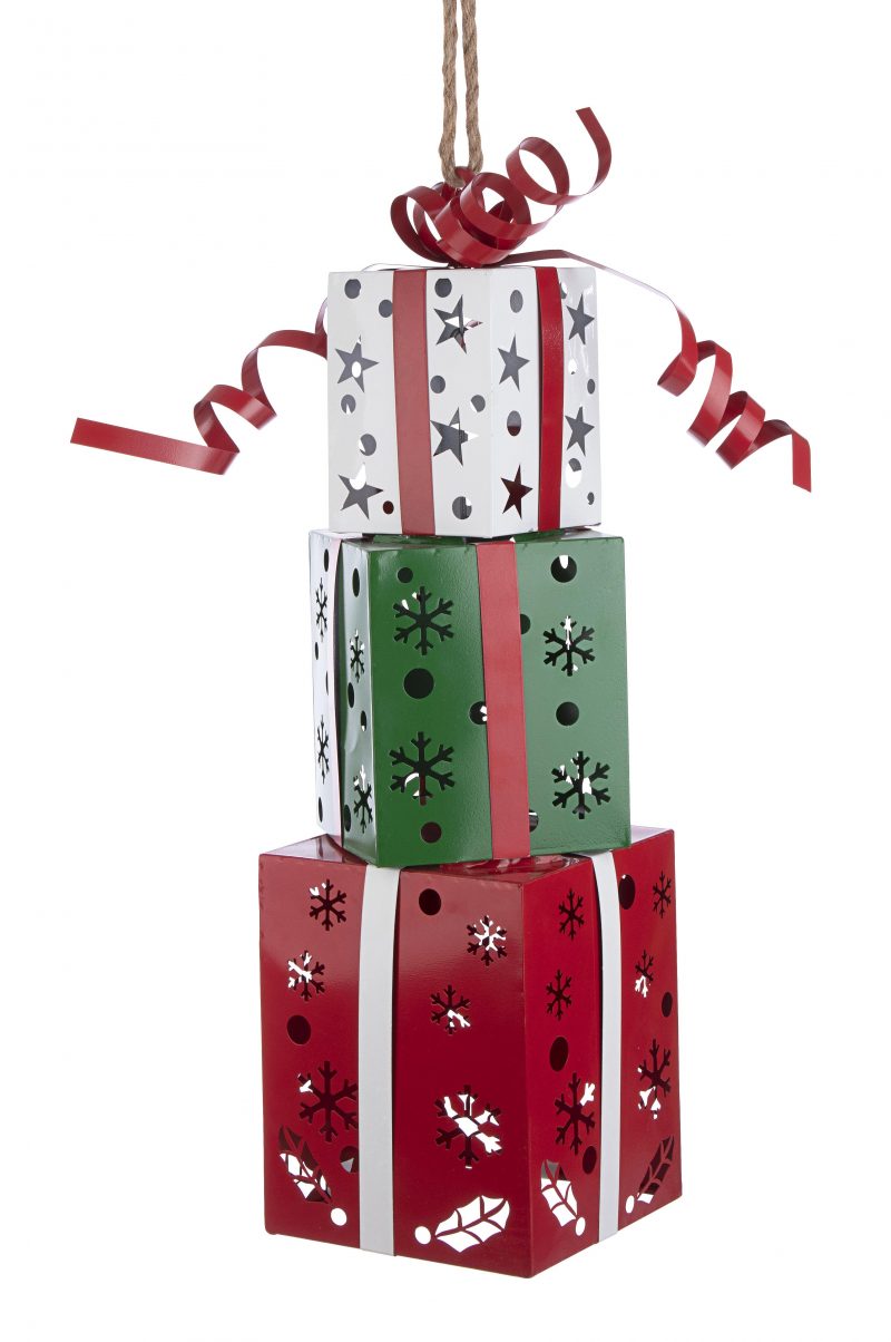 Suspension Paquets Cadeaux en Métal Rouge Blanc et Vert 24xH.67cm