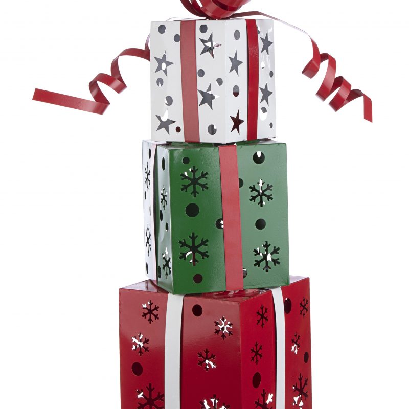 Suspension Paquets Cadeaux en Métal Rouge Blanc et Vert 24xH.67cm