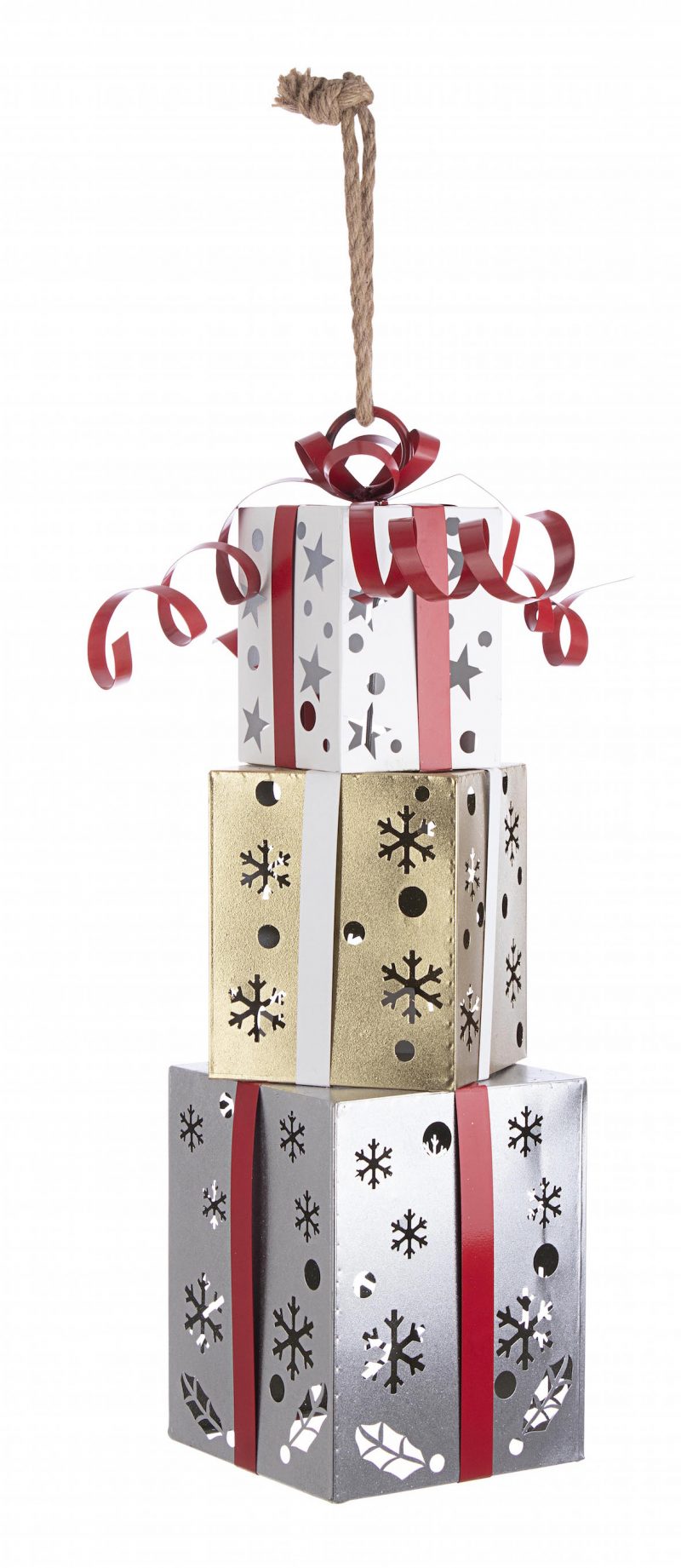 Suspension Paquets Cadeaux en Métal Argent Blanc et Or 24xH.67cm