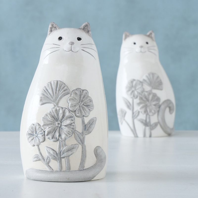 Figurine "Anaïs" Chat en Terre Cuite Grise et Blanche 2 Modèles au Choix H.18cm