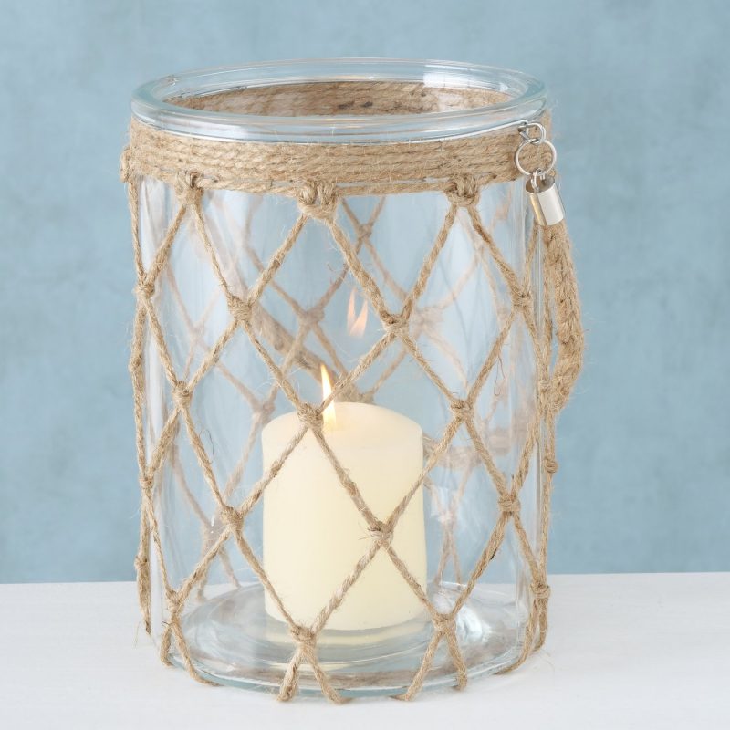 Photophore "Catch" Rond en Verre Clait et Jute H.22cm
