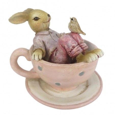 Lapin Décoratif dans Tasse Rose 10x8x8cm