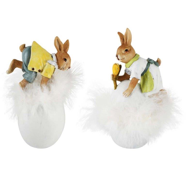 Lapin Jaune et Vert sur Oeuf Blanc à Plumes en Résine 2 Modèles au Choix 9x8x17cm