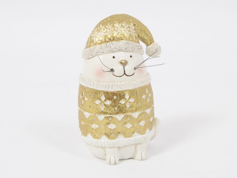 Chat Bonnet "Belinda" Blanc et Or H.14cm