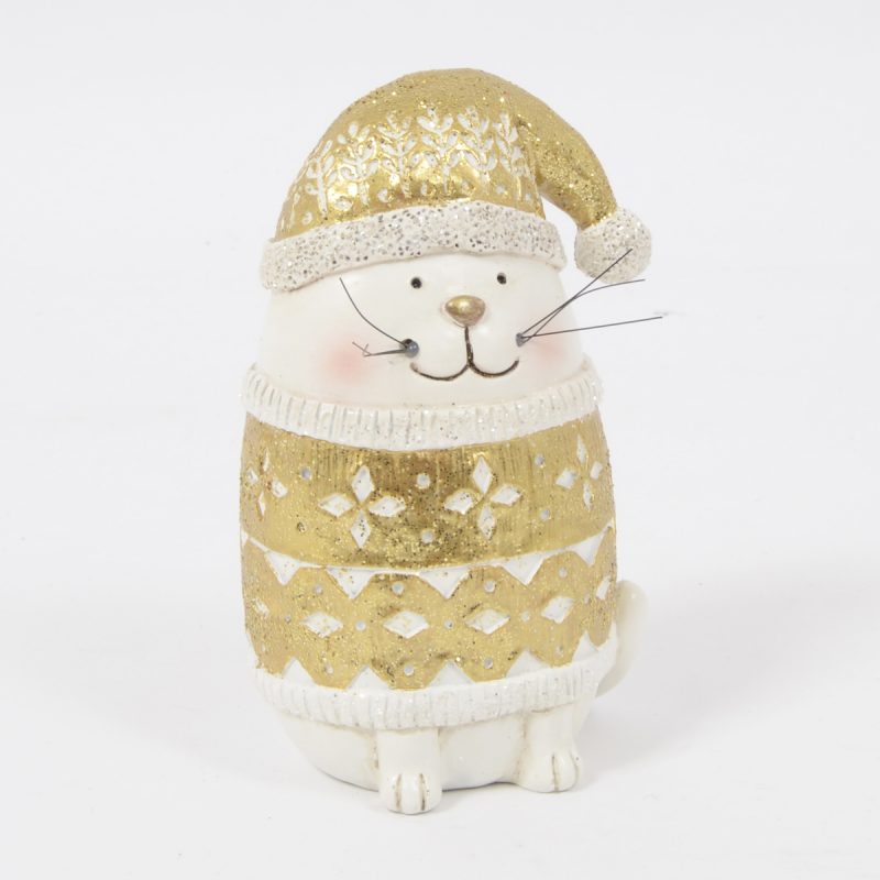 Chat Bonnet "Belinda" Blanc et Or H.14cm