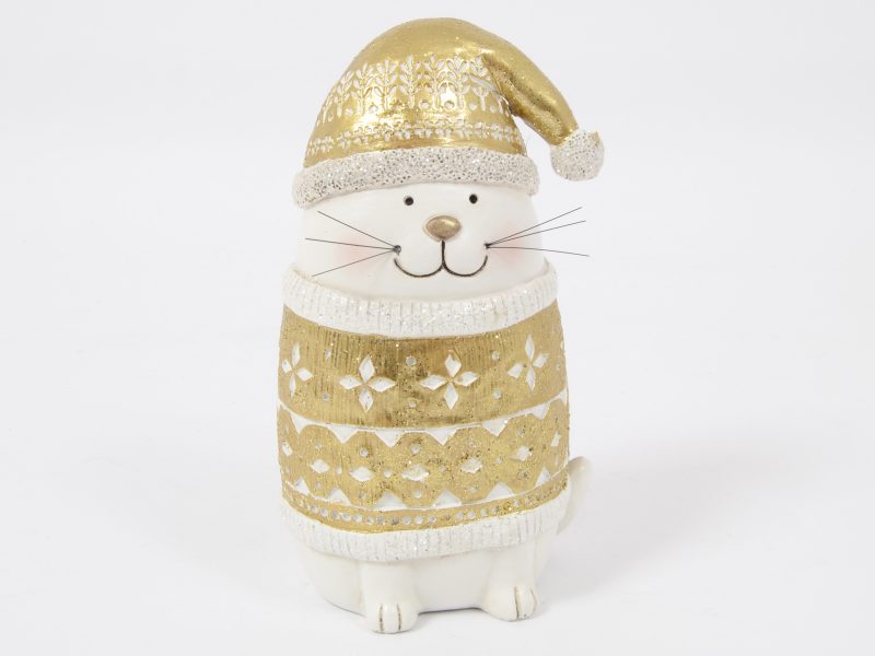 Chat Bonnet "Belinda" Blanc et Or H.20cm