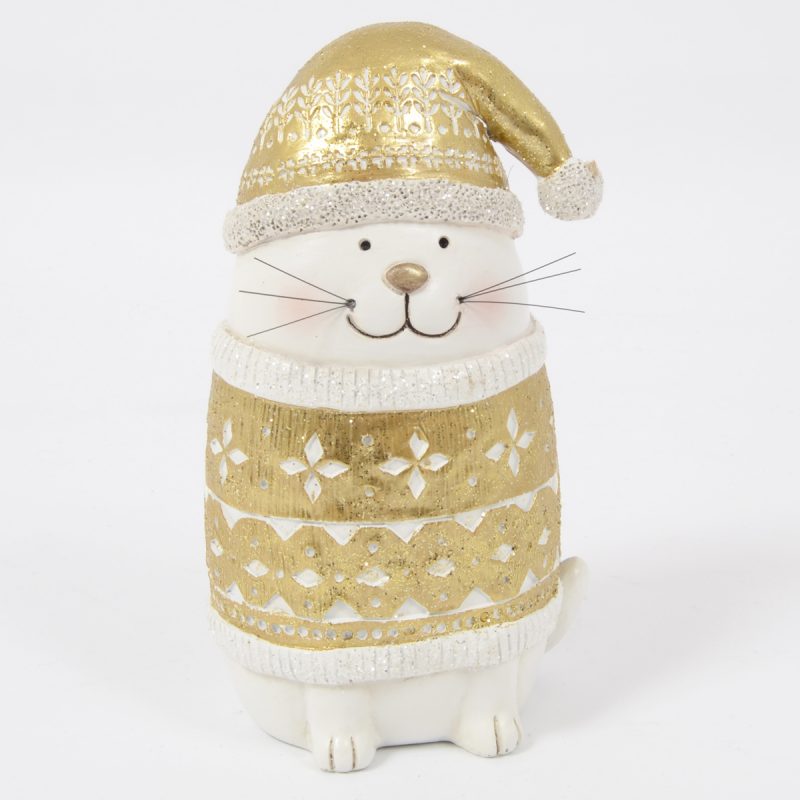 Chat Bonnet "Belinda" Blanc et Or H.20cm