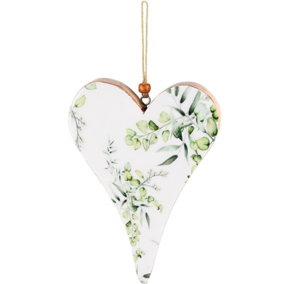 Pendentif Coeur en Bois et émail Blanc Vert 17x12x2cm