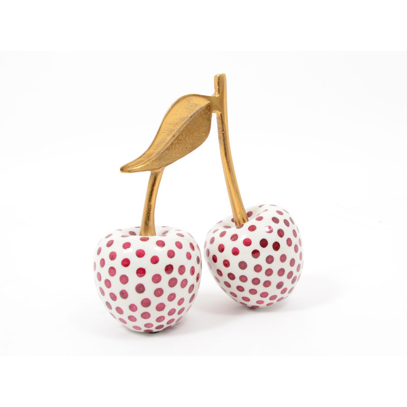 Cerise Double « Adèle » en Aluminium Blanc et Or à Pois Rouge 21cm